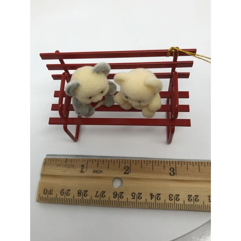 Vintage Russ Berrie & Co Red Metal Bench with 2 Bears Christmas‎ Ornament